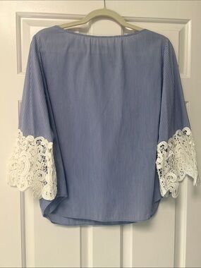 Unk Blue Pinstripe Top with White Lace Sleeves